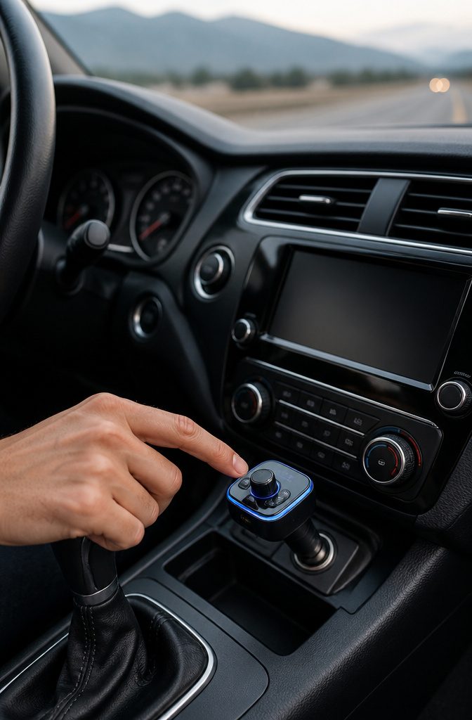 A Bluetooth FM transmitter plugged into a car's 12-volt power socket.