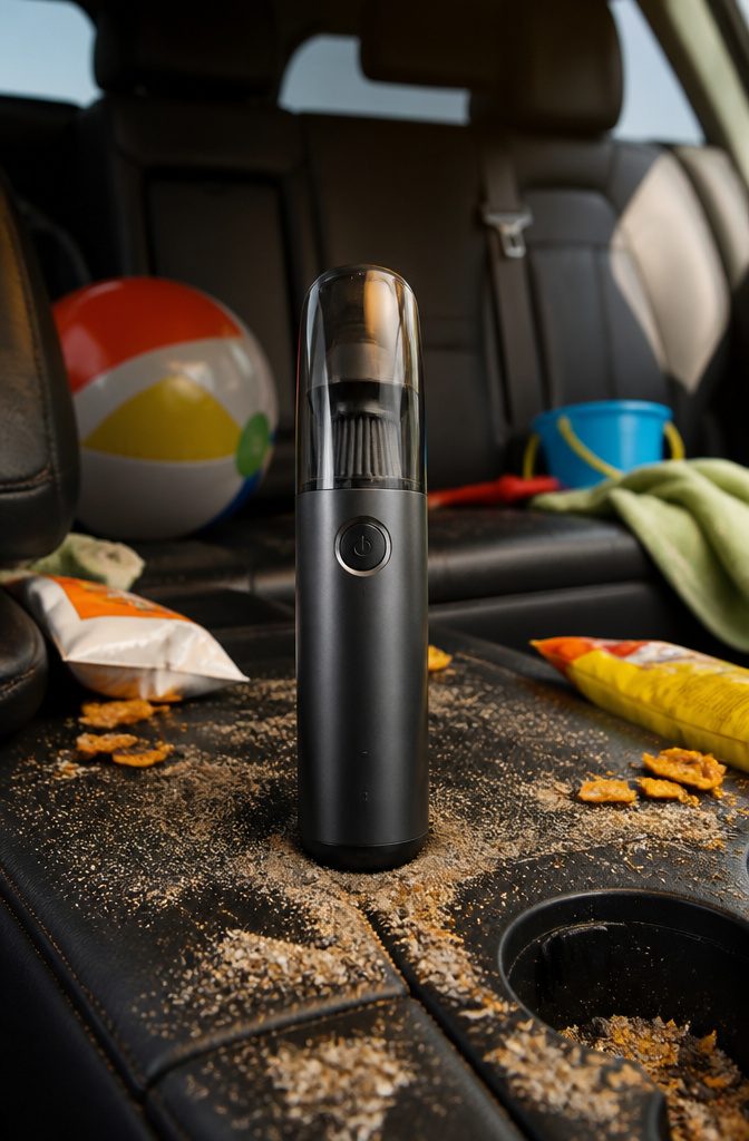 A Fanttik Slim V8 Apex Car Vacuum displayed in a vehicle's center console.