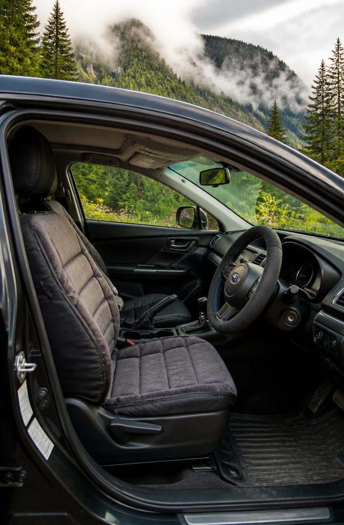 A close-up of seat covers and a steering wheel cover in a vehicle.