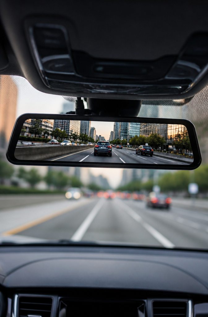 A Wolfbox G840S Mirror Dash Cam mounted on a vehicle's windshield.
