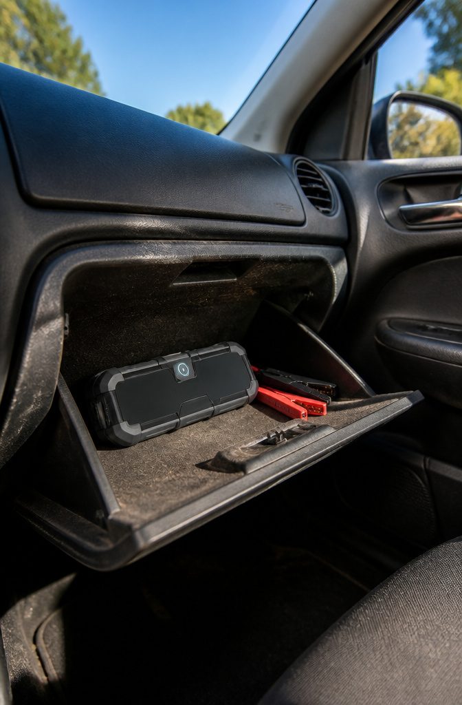 A NOCO Boost Plus GB40 jump starter in a glove compartment with leather detailing.