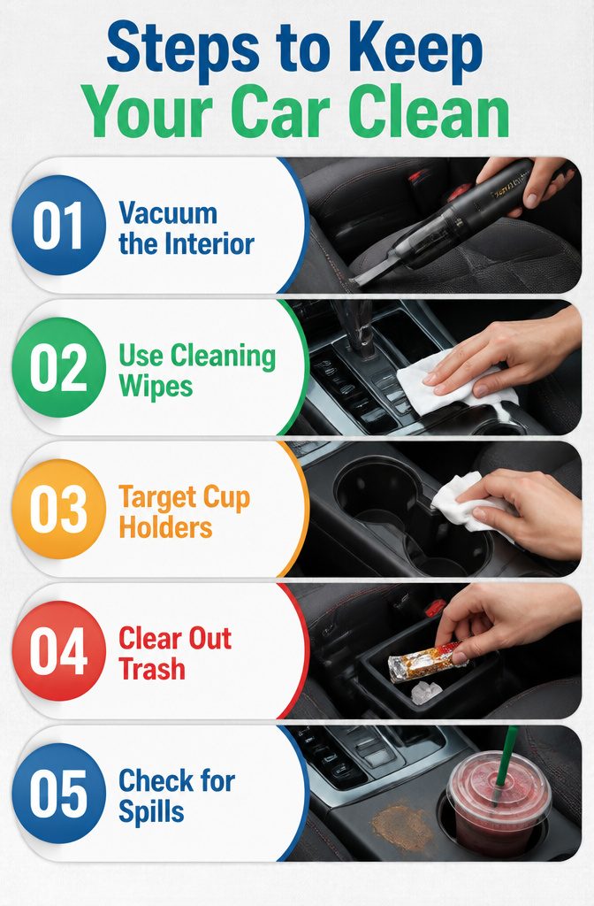 An information image titled 'Steps to Keep Your Car Clean' with cleaning tips.