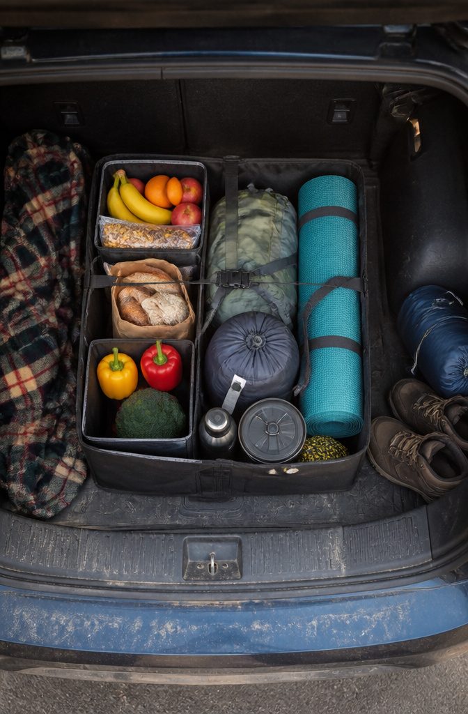 A trunk organizer filled with items for easy access and storage.