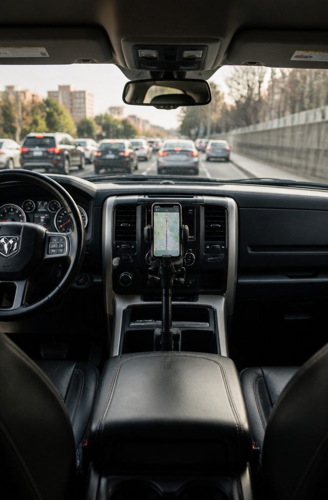 A RAM X-Grip phone holder attached to a car vent with a smartphone.