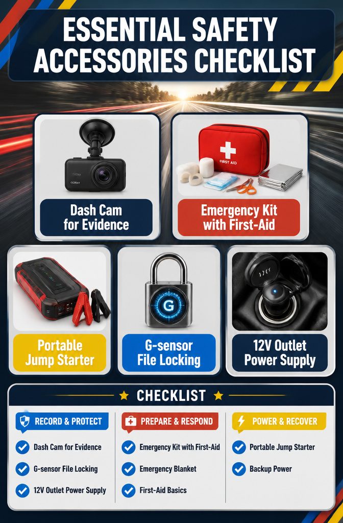 An information image titled 'Essential Safety Accessories Checklist' with various items.