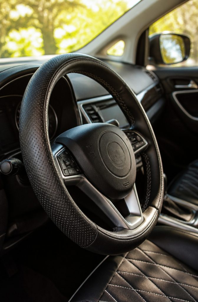 A close-up of a leather steering wheel cover fitted on a steering wheel.