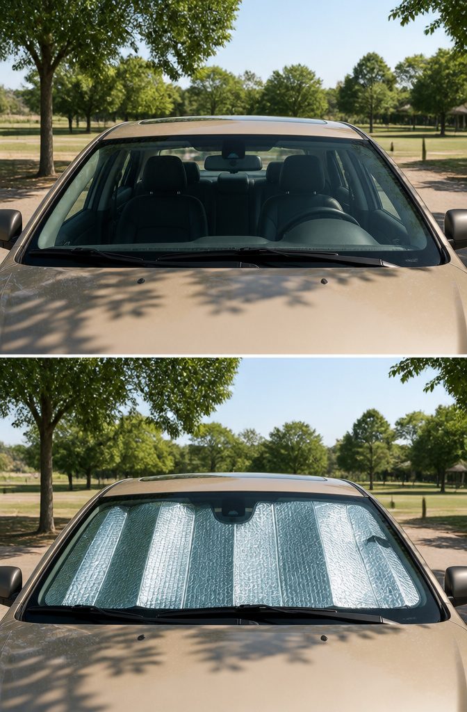 A collapsible reflective sunshade folded and ready for use in a vehicle.