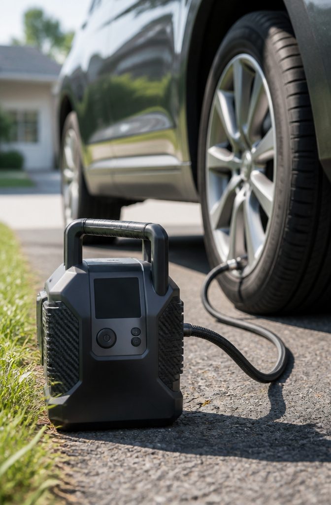 A portable tire inflator with an attached hose in a driveway setting.