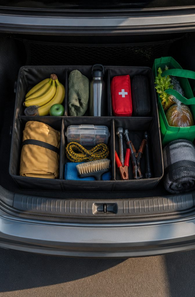 A trunk organizer with compartments filled with groceries and tools.