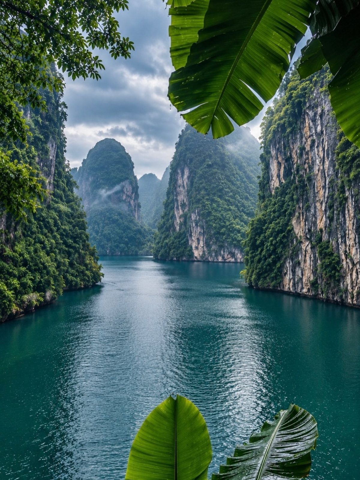 16 Cheap Pretty Places to Travel on a Tight Budget 7 Turquoise water flowing between steep green limestone cliffs under a cloudy sky.