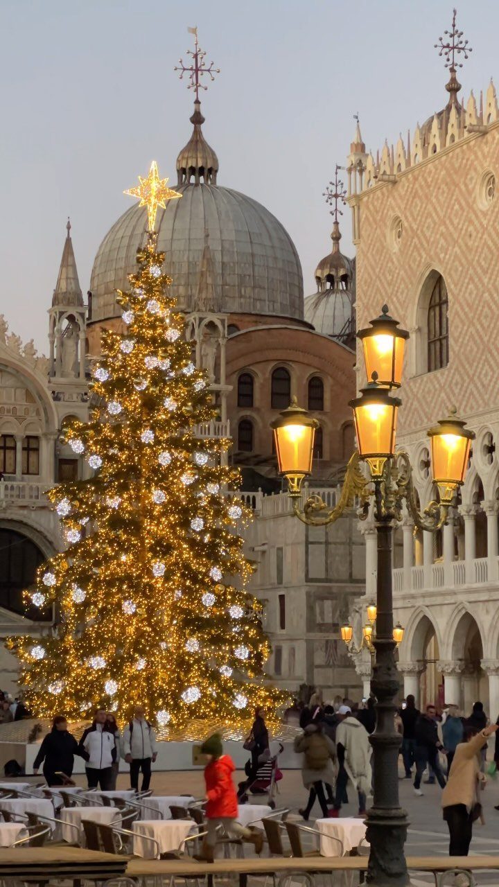 14 Christmas Places to Visit for Holiday Lights and Markets 13 Large illuminated Christmas tree in a historic European square with domes and pedestrians.