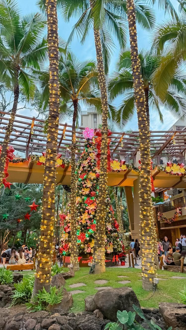 14 Christmas Places to Visit for Holiday Lights and Markets 6 Decorated Christmas tree and palm trees wrapped in lights in a tropical setting.