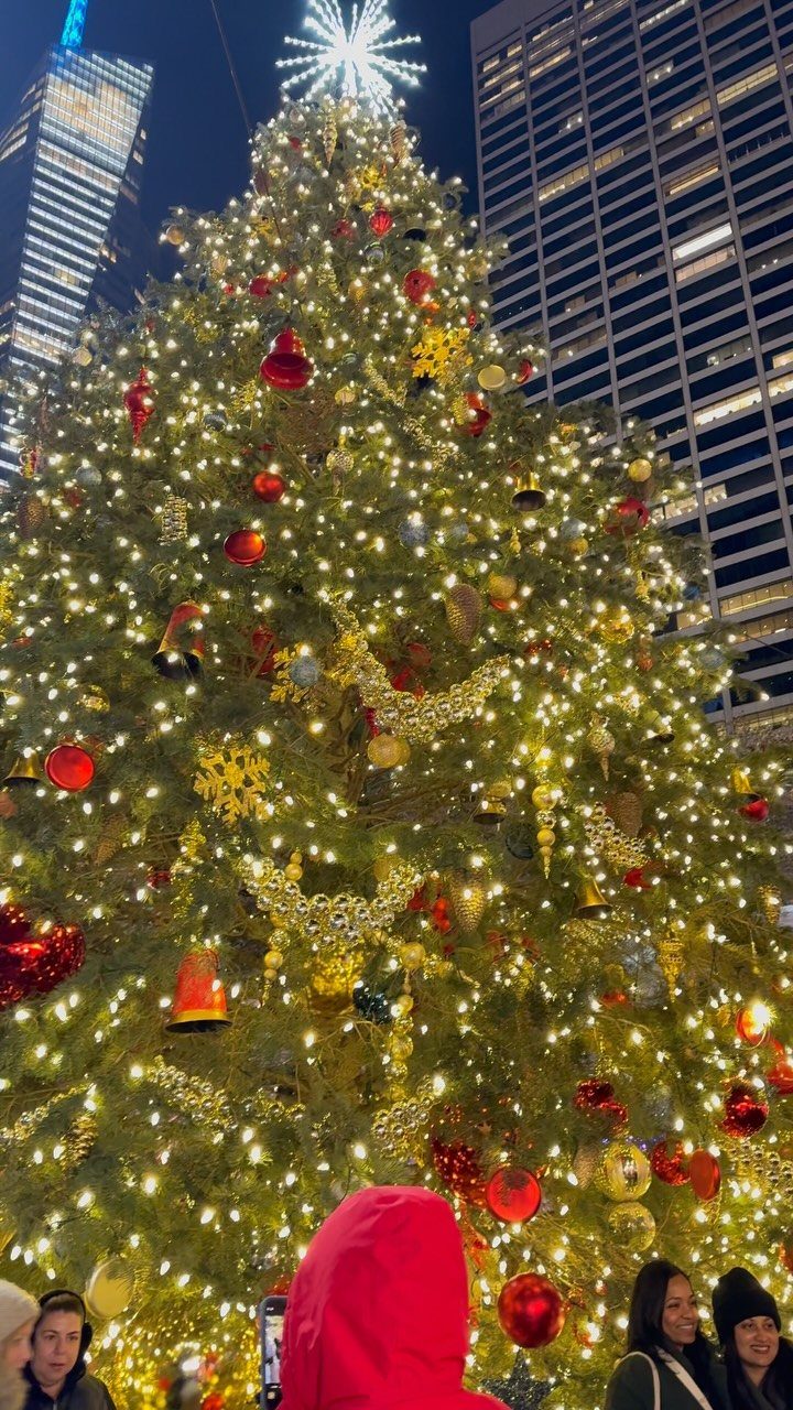 14 Christmas Places to Visit for Holiday Lights and Markets 1 Large illuminated Christmas tree with red and gold ornaments against city skyscrapers.