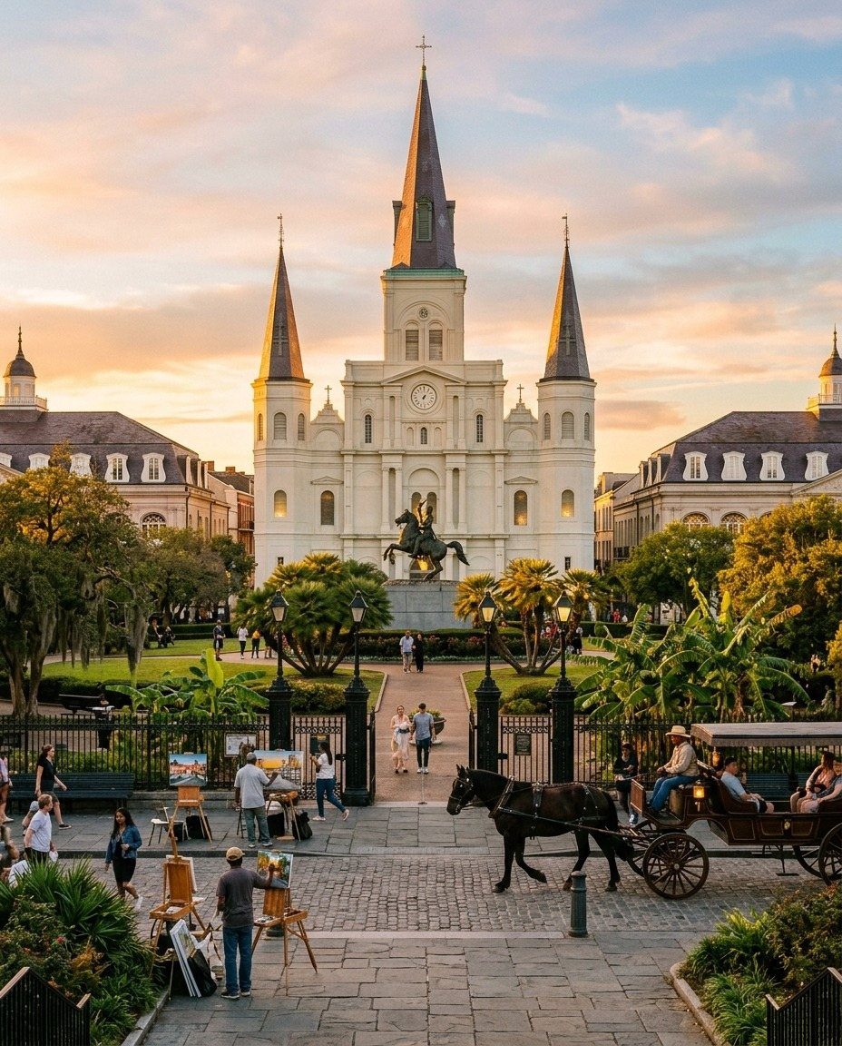 12 Cities to Visit in the U.S. and Abroad for 2026 4 St. Philip's Church in Charleston with artists and a horse-drawn carriage in foreground