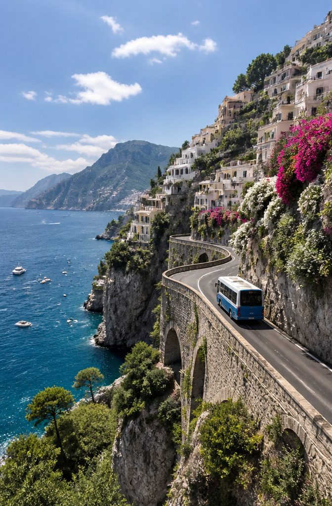 A SITA bus traveling along the cliffside Amalfi Coast.