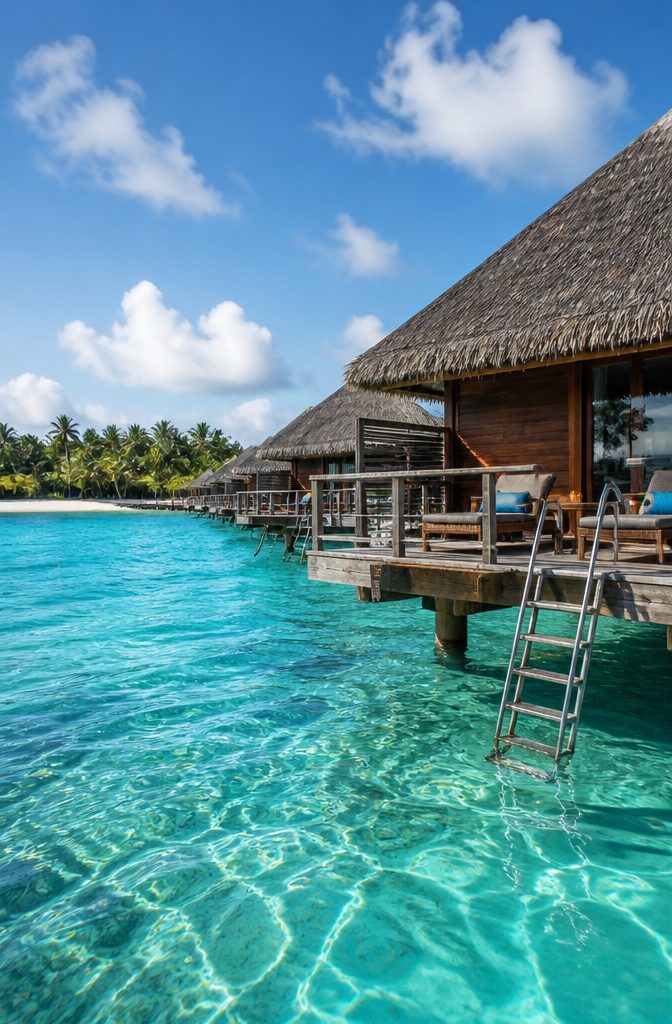 Overwater bungalows above vibrant turquoise waters in Bora Bora.