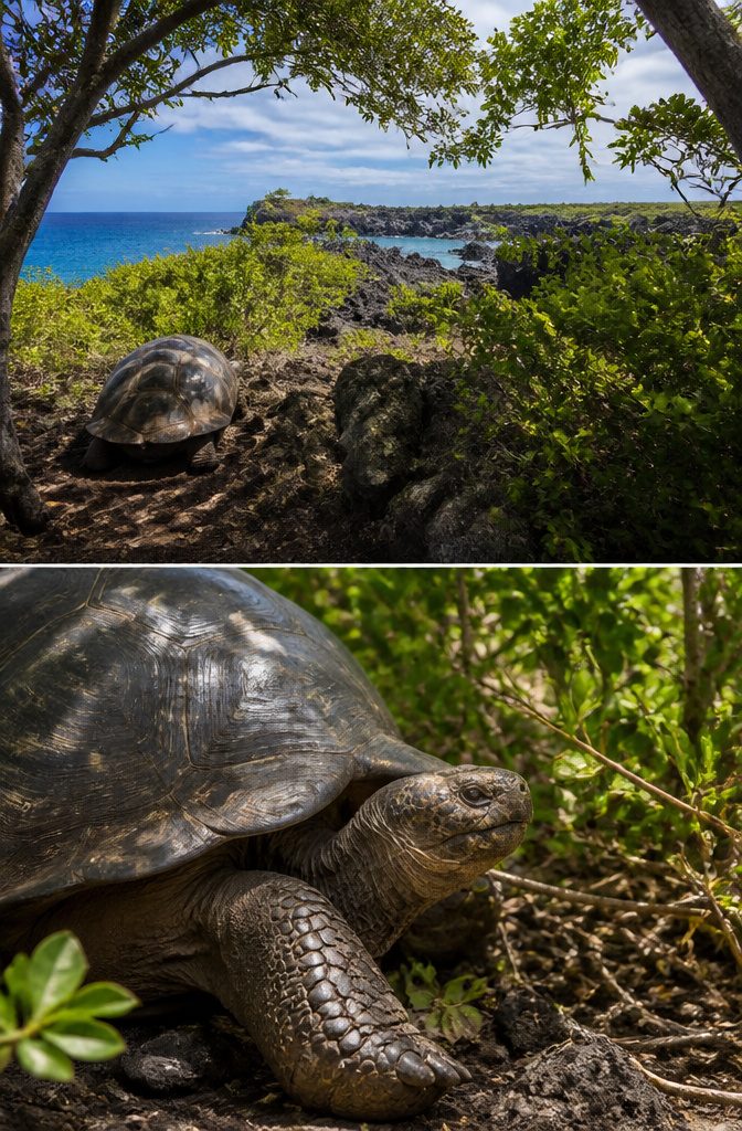 A giant tortoise slowly emerging on Santa Cruz in the Galapagos.