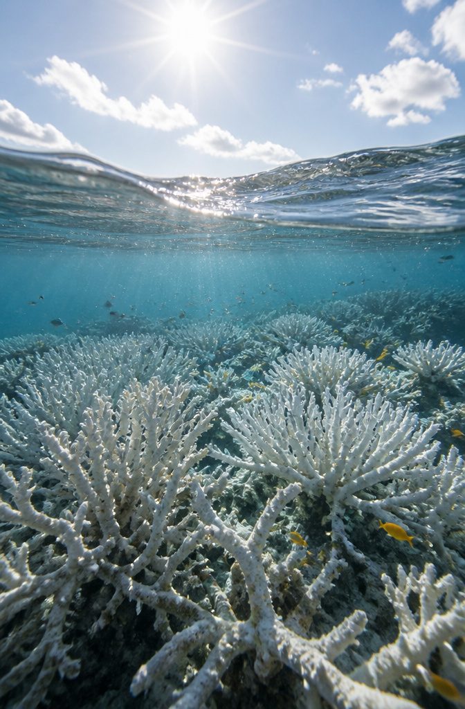 Bleached coral formations in the Great Barrier Reef.