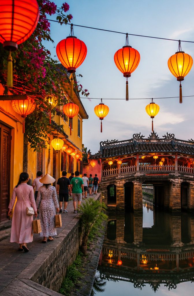 Colorful lanterns hanging above the streets of Hoi An.