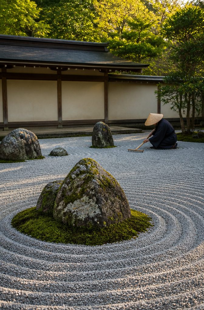 Raked gravel garden at Ryoan-ji in Kyoto.