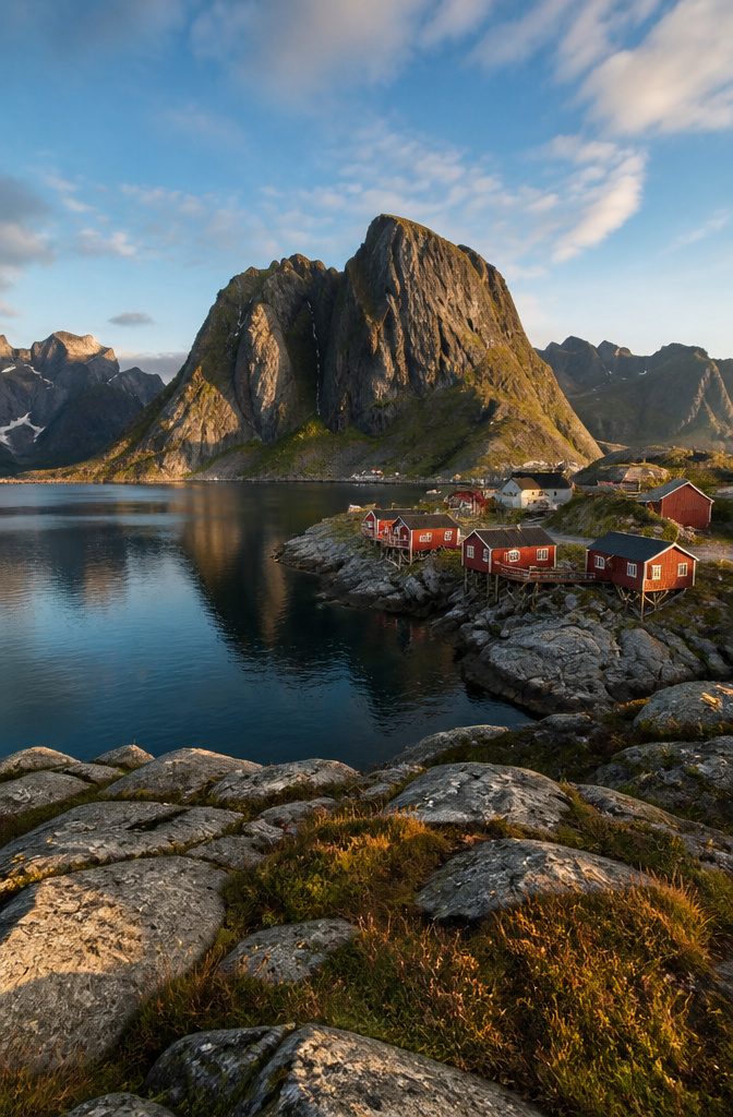 Mountains rising from the water in the Lofoten Islands.