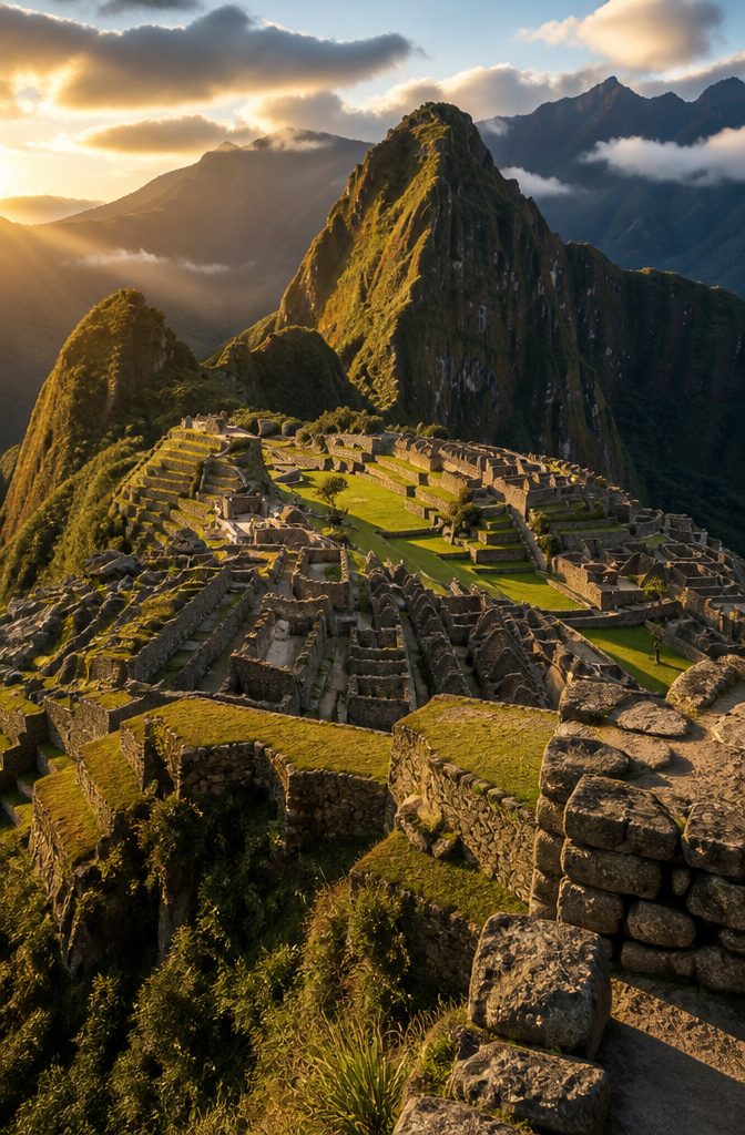 Sunrise crowd at Machu Picchu with mist over the terraces.