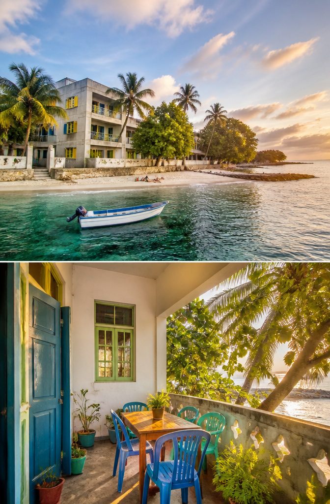 Local island guesthouse in the Maldives near a coral reef.