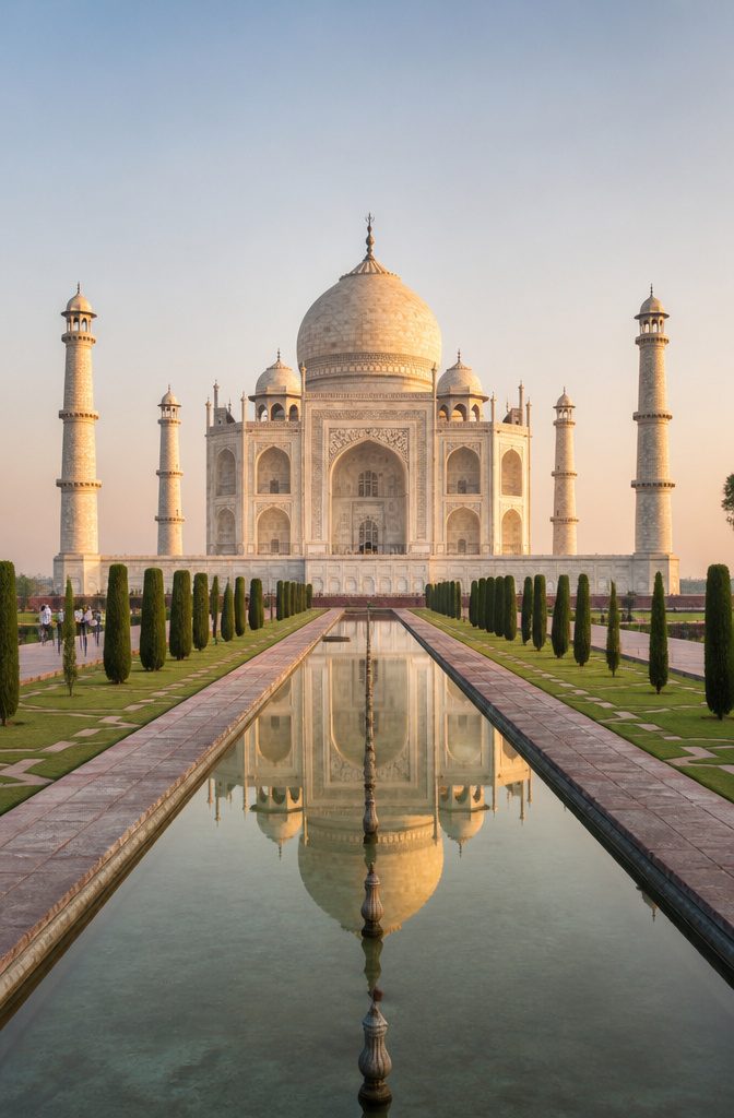 The Taj Mahal with a reflective pool and gardens at sunset.