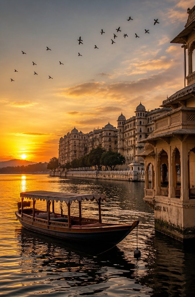 Sunset view of Lake Pichola with the City Palace in Udaipur.
