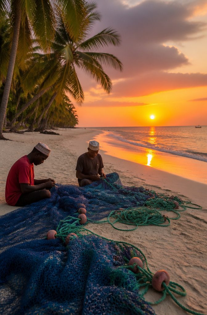 Idyllic beach on Zanzibar's east coast with fishermen mending nets.