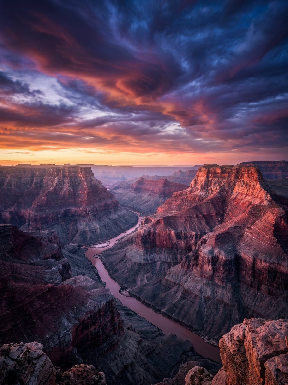 Grand Canyon rock formations under a dramatic purple and orange sunset sky.