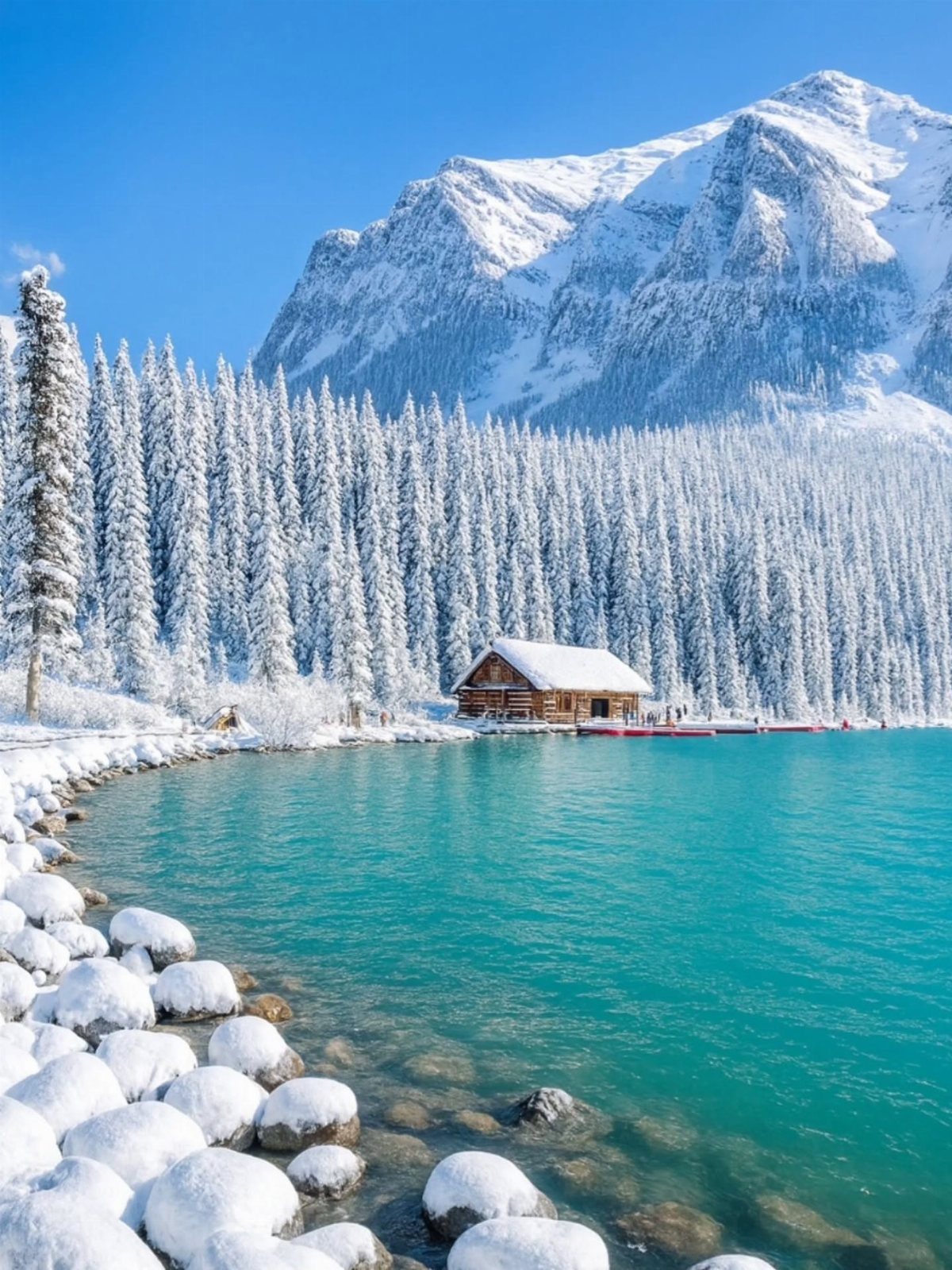 Turquoise lake with snow-covered rocks, a wooden cabin, and snowy mountains in background.