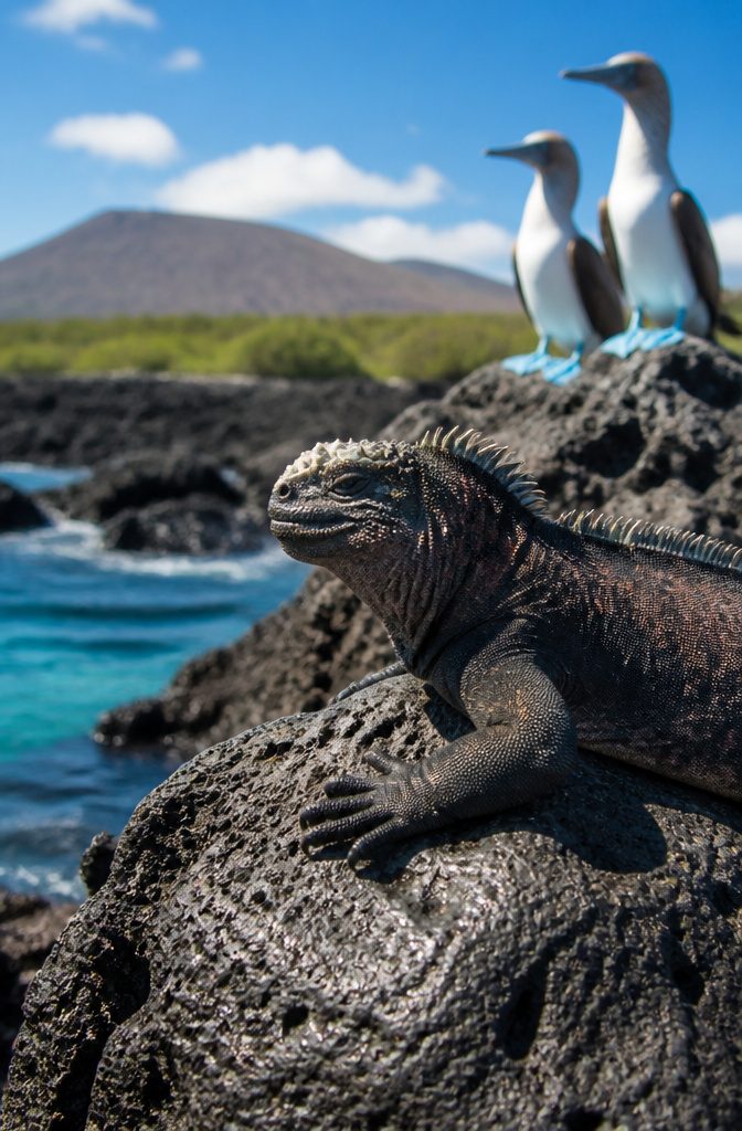 Dream Vacations Destinations for 2026: The Places Worth Going 7 A view of the Galapagos Islands featuring various wildlife species.