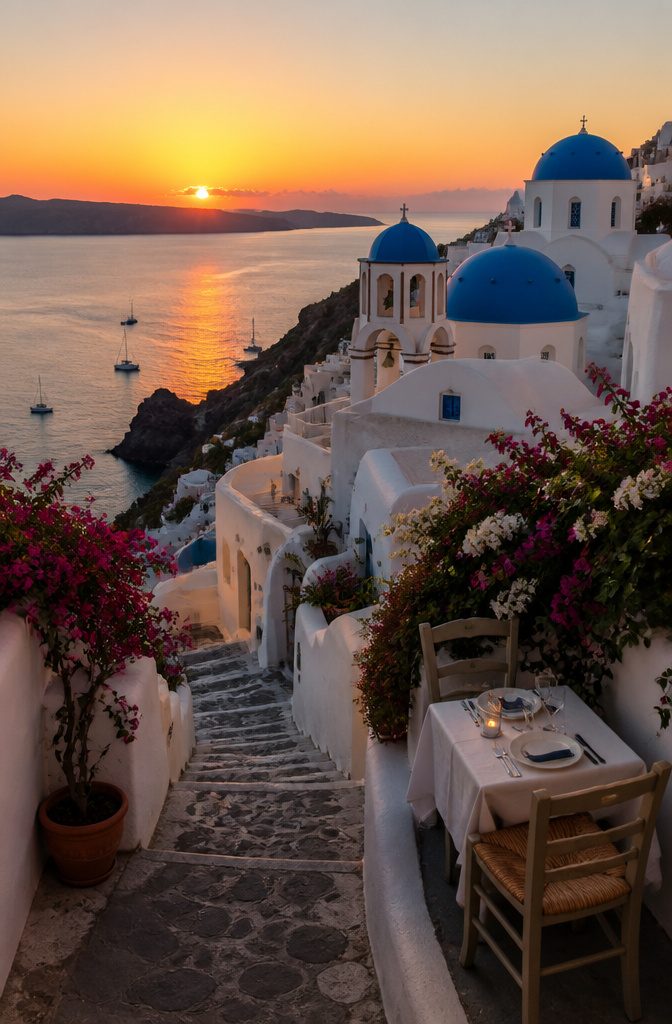 Dream Vacations Destinations for 2026: The Places Worth Going 5 Blue-domed churches on cliffs with a sunset over the Aegean Sea.
