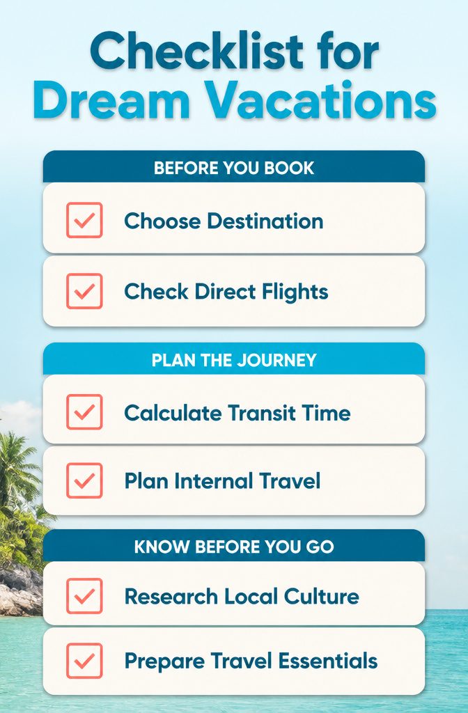 Dream Vacations Destinations for 2026: The Places Worth Going 15 A checklist outlining important factors for planning dream vacations.