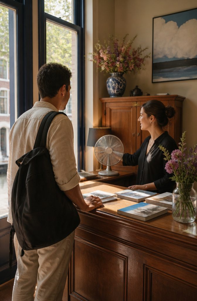 14 Europe Travel Hacks That Save Time, Money and Stress 6 Hotel receptionist smiling while a guest inquires about borrowing a fan.