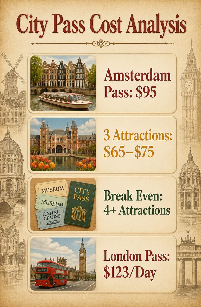 14 Europe Travel Hacks That Save Time, Money and Stress 18 Analysis of city pass costs and attractions displayed on paper.