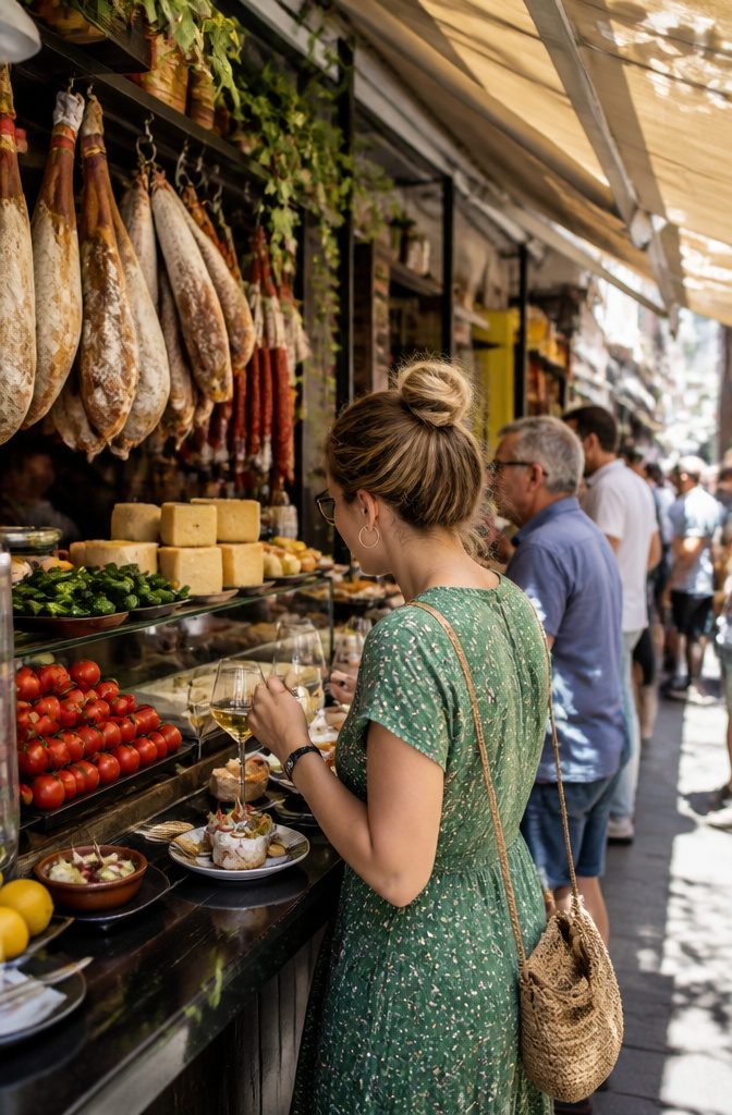 14 Europe Travel Hacks That Save Time, Money and Stress 12 Outdoor market in Spain with vibrant stalls and a traveler eating tapas.