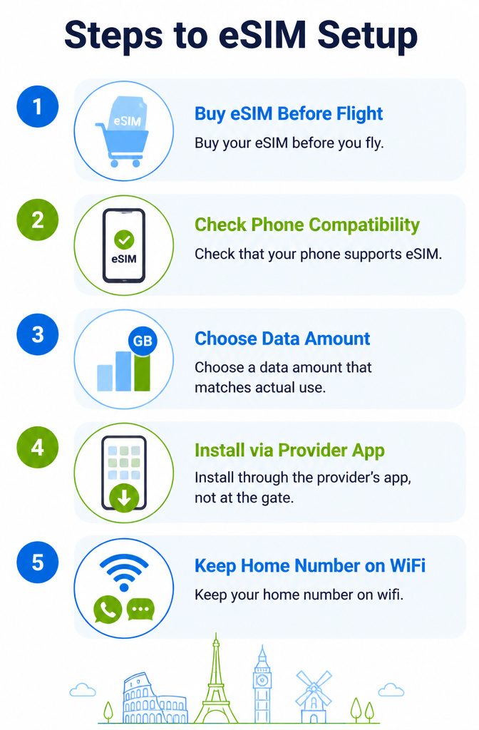 14 Europe Travel Hacks That Save Time, Money and Stress 19 Illustration showing steps to set up an eSIM on a smartphone.