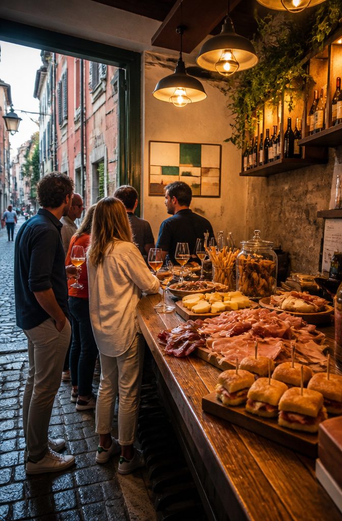 14 Europe Travel Hacks That Save Time, Money and Stress 5 Bar counter filled with platters of cheeses and cured meats during aperitivo.