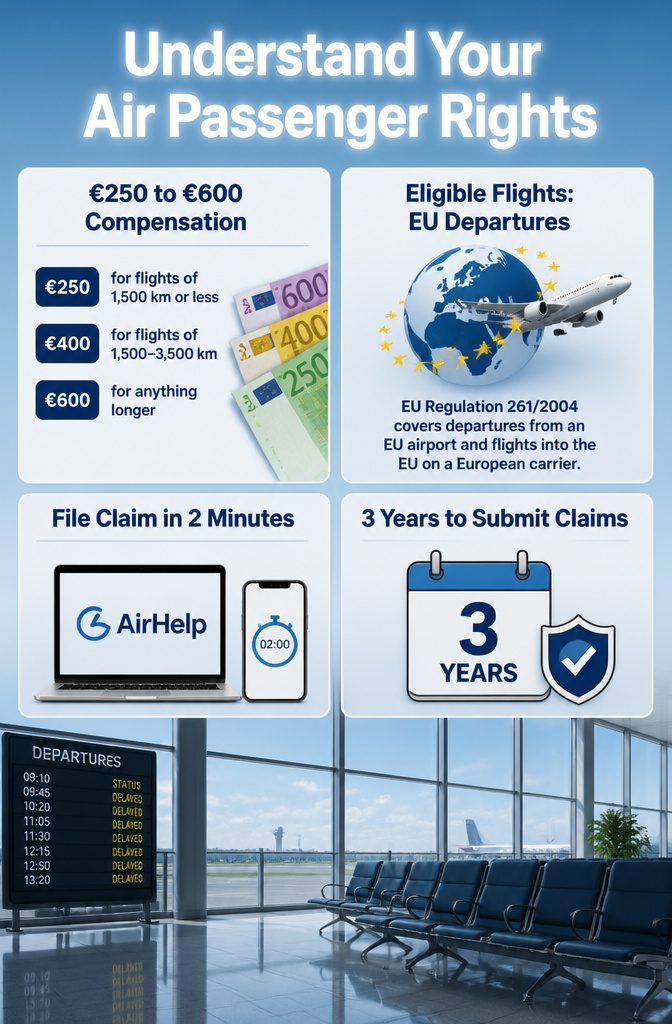 14 Europe Travel Hacks That Save Time, Money and Stress 10 Information graphic outlining air passenger rights and compensation amounts.