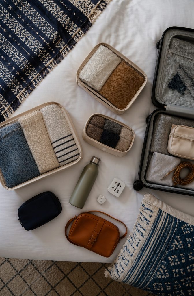 14 Europe Travel Hacks That Save Time, Money and Stress 11 Universal adapter and power banks displayed on a travel packing table.