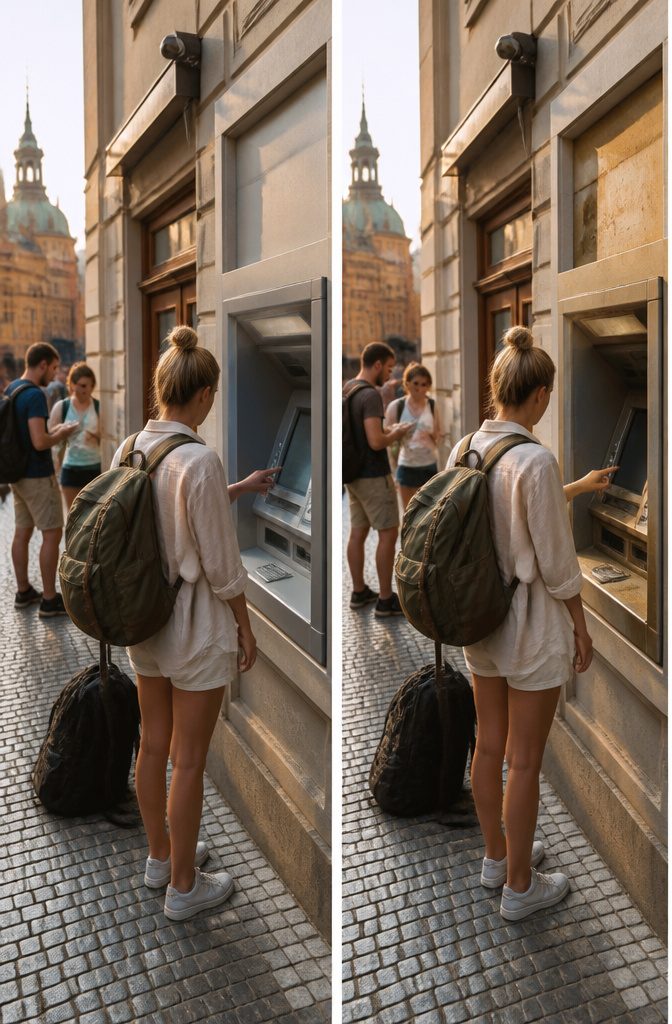 14 Europe Travel Hacks That Save Time, Money and Stress 9 ATM display showing options for currency withdrawal in Prague.