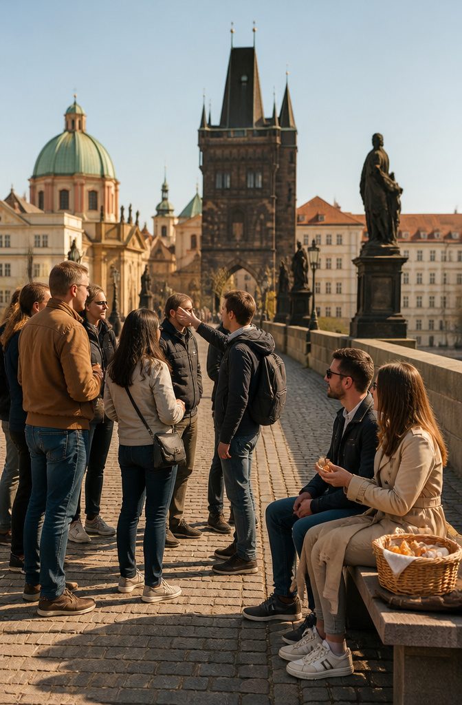 14 Europe Travel Hacks That Save Time, Money and Stress 14 Tour group gathered around a guide in a historic Prague street.