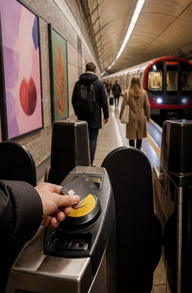 14 Europe Travel Hacks That Save Time, Money and Stress 7 Close-up of a hand holding a credit card above a payment reader at a metro station.