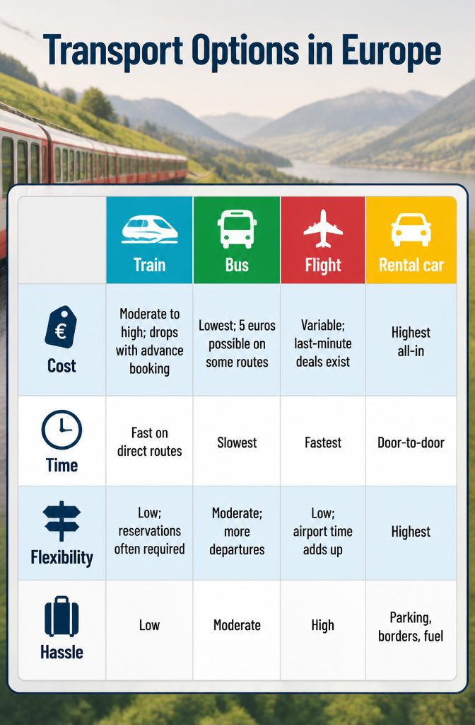 14 Europe Travel Hacks That Save Time, Money and Stress 16 Chart comparing costs and time for different transport options in Europe.