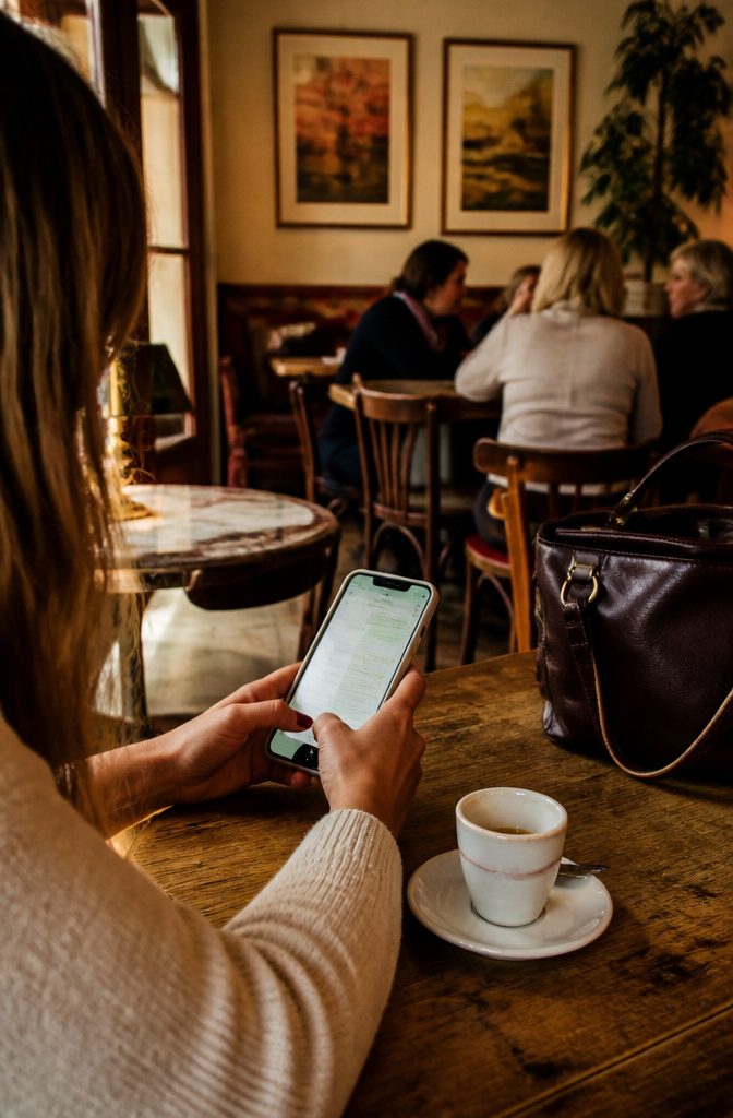 14 Europe Travel Hacks That Save Time, Money and Stress 3 Traveler sipping espresso and using WhatsApp on a smartphone in a café.