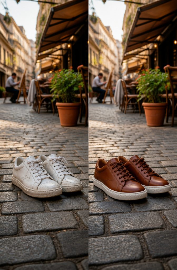 A pair of comfortable shoes placed on a cobblestone street.