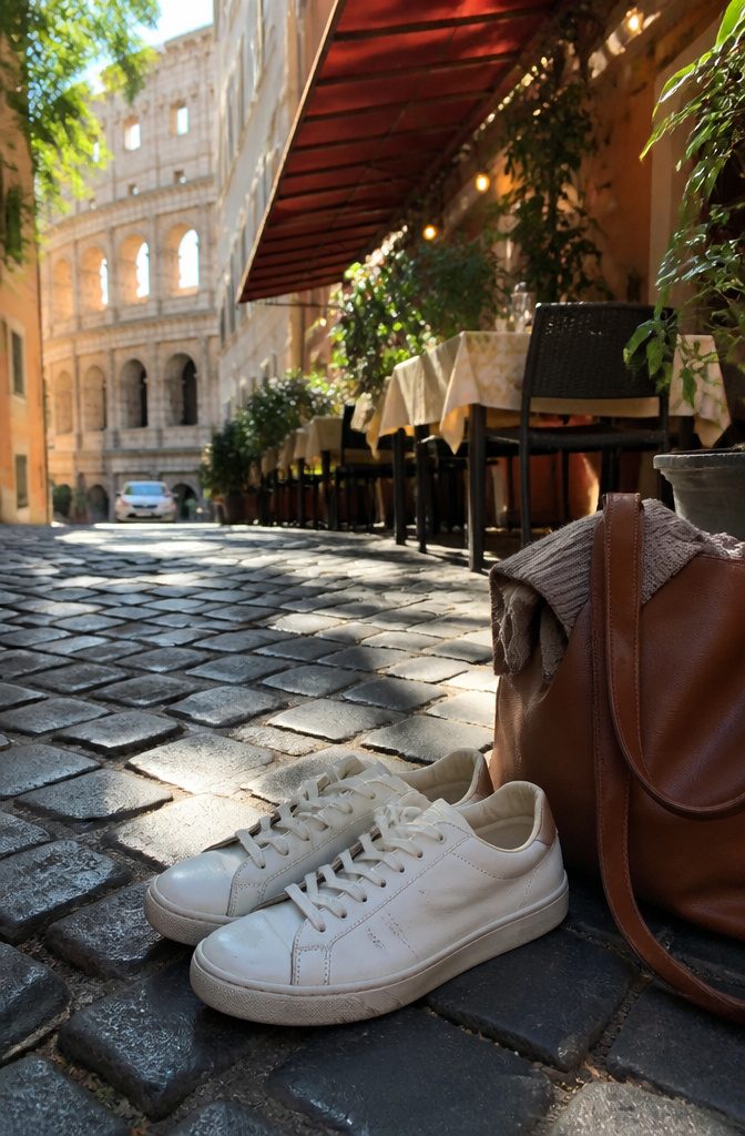 A pair of white leather sneakers on a cobblestone street in Rome.