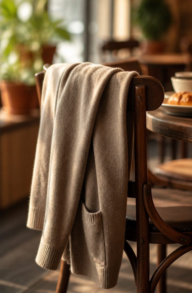 A fine-knit sweater and cardigan folded neatly on a surface.